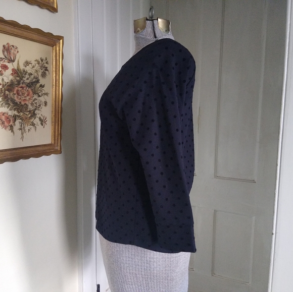 J. CREW Navy Blue Top with Black Velvet Polka Dots - Picture 3 of 7